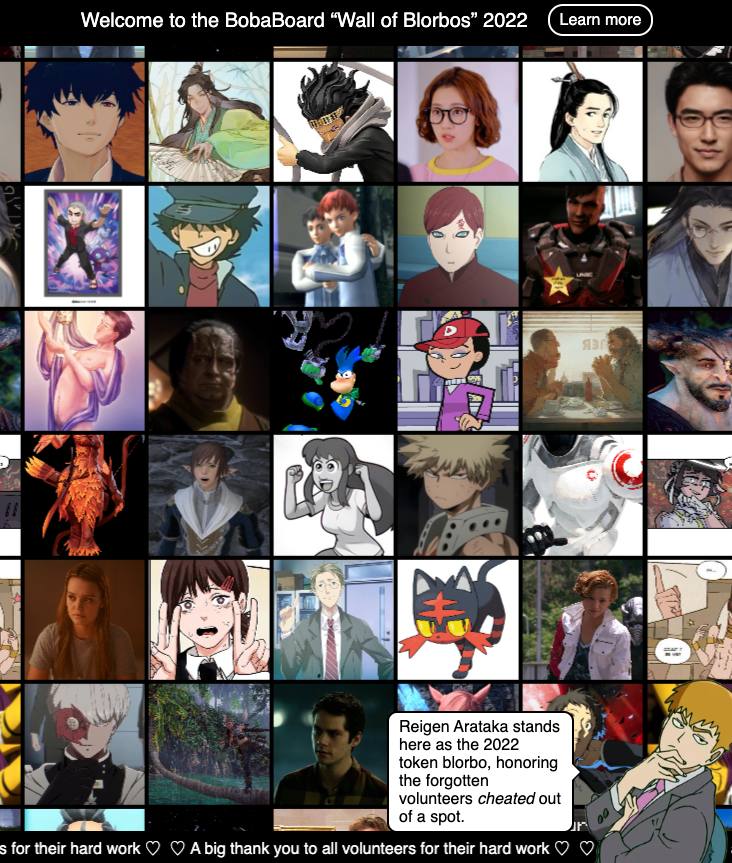 A screenshot featuring a series of faces of fictional characters. At the bottom, there is a cutout of Reigen Arataka.