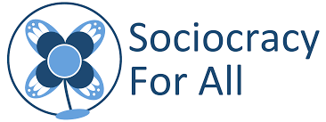 A blue, flower-like logo in a circle next to two lines of text that say Sociocracy For All.