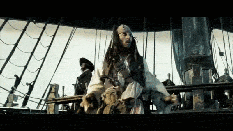 A gif from a scene in the Pirates of the Caribbean: At World's End, showing Jack Sparrow tricking the crew into tilting the ship by running back and forth.
